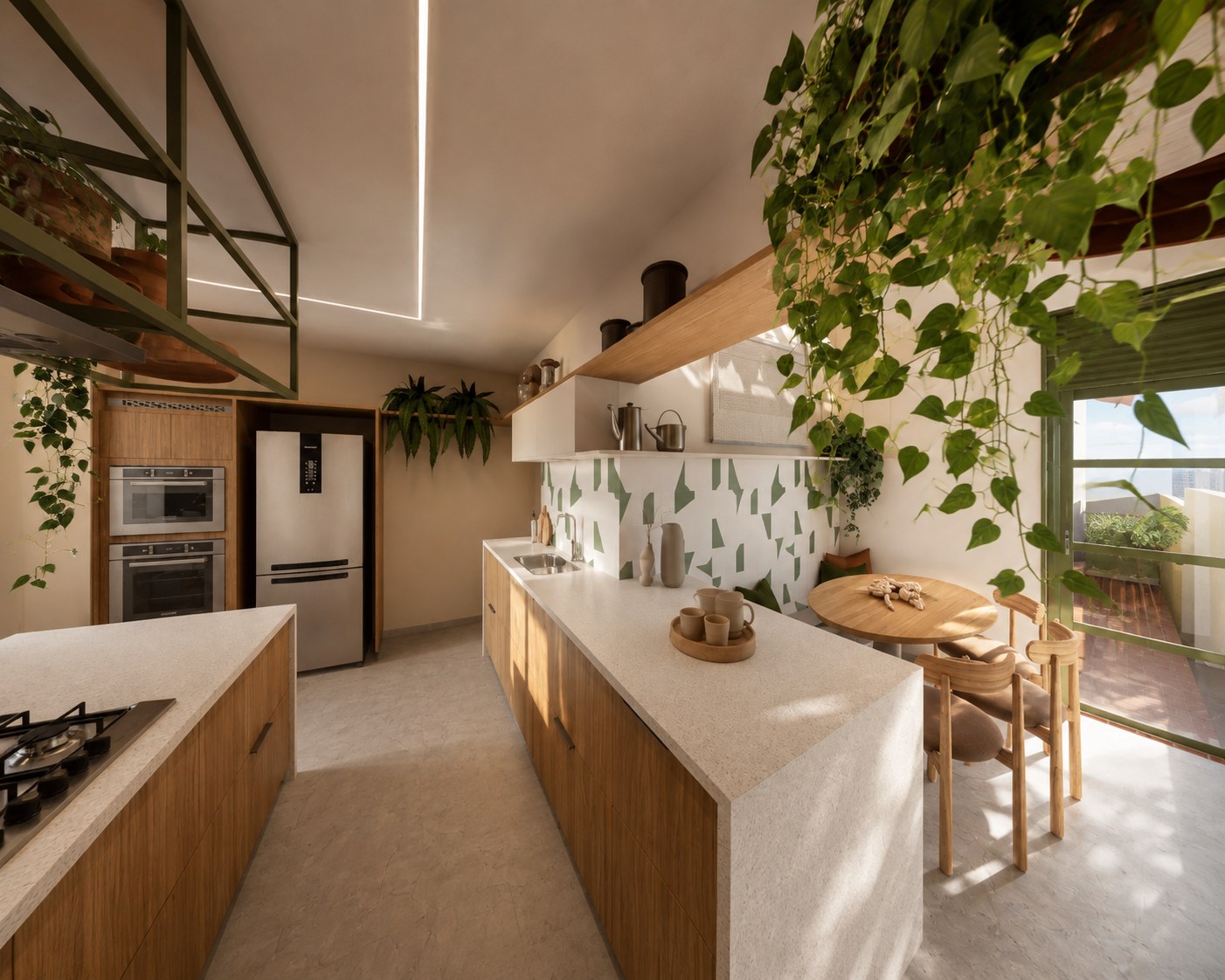 Cozinha com bancada em pedra e marcenaria em madeira